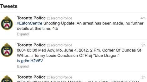 Toronto Police release a tweet saying that the Eaton Centre shooting suspect was arrested on Monday, June 4, 2012.