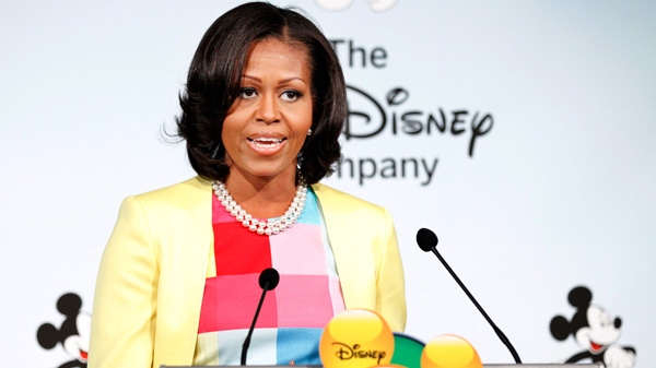 First lady Michelle Obama speaks at the Newseum in Washington, Tuesday, June 5, 2012, where she joined the Walt Disney Company to announce that Disney will become the first major media company to introduce new standards for food advertising on programming targeting kids and families. (AP / Manuel Balce Ceneta)