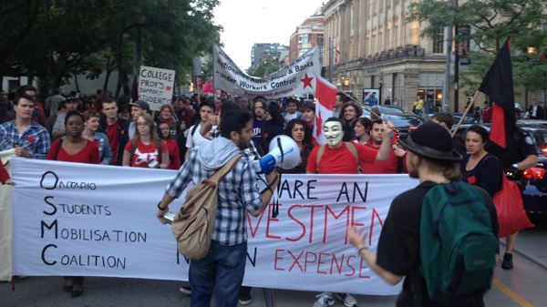About 200 students marched in downtown Toronto on Tuesday, June 5, 2012 in a show of solidarity with ongoing protests in Montreal.