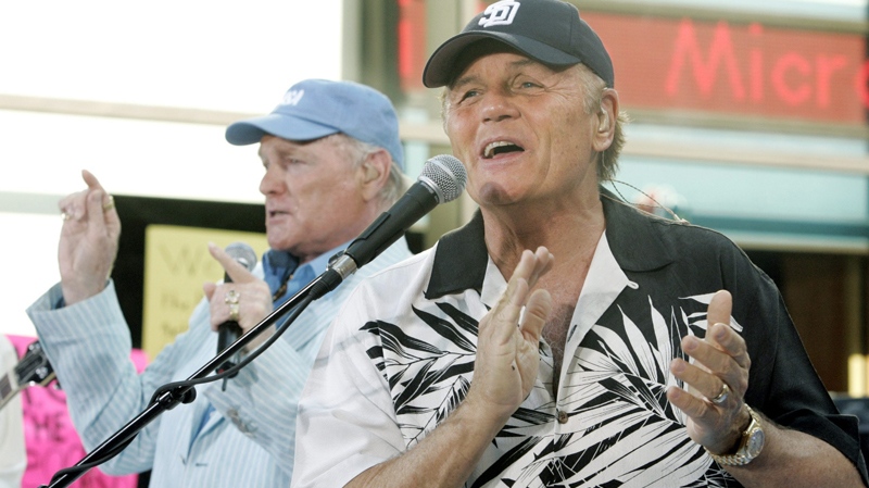 In this Aug. 12, 2005 photo, Mike Love, left, and Bruce Johnston of The Beach Boys performs in New York. (AP / Richard Drew)