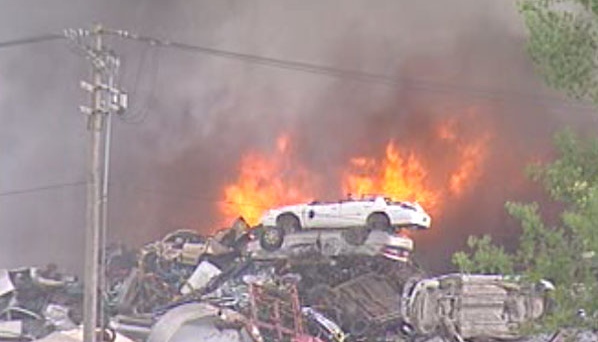 This fire at a scrapyard burns for hours