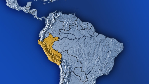 The country of Peru is highlighted on this regional map of South America. 