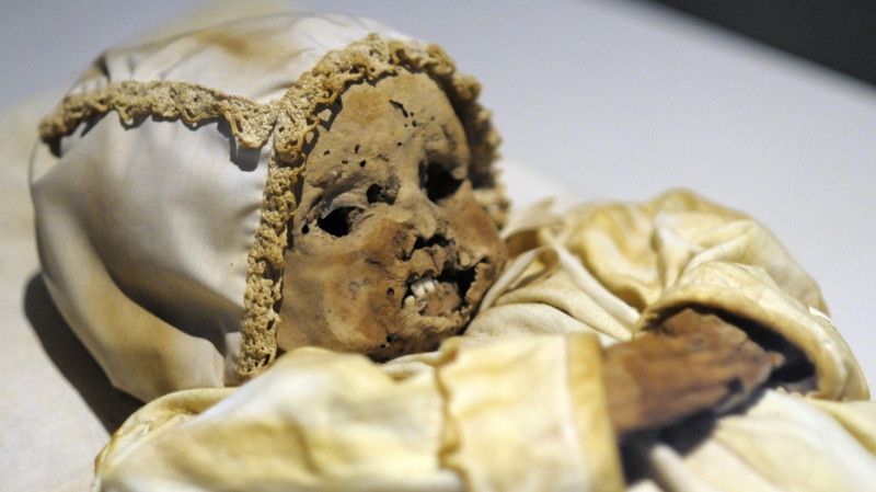 In this June 28, 2010 photo, the mummified remains of Johannes Orlovitz, one of the Vac mummies, is displayed at the new Mummies of the World exhibit at the California Science Center in Los Angeles. (AP Photo/Adam Lau)