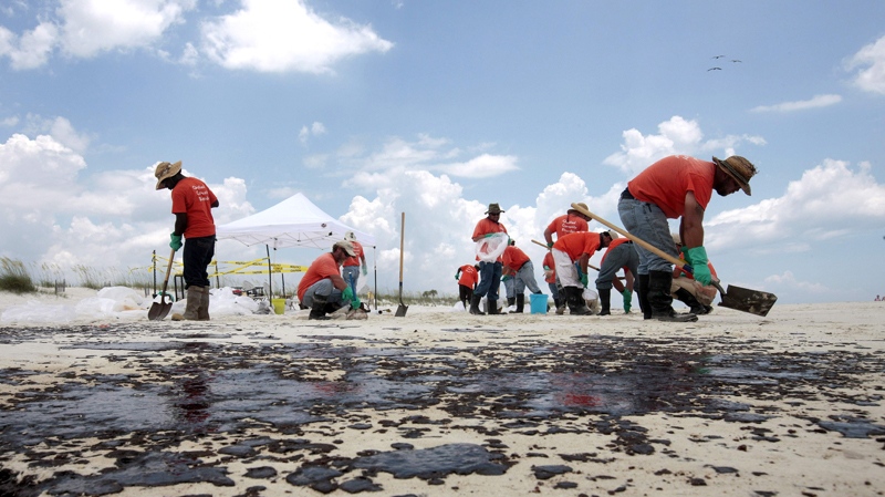 Oil cleanup workers hired by BP pick up oil on the beach in Gulf Shores, Ala., Friday, July 2, 2010. (AP / Dave Martin)