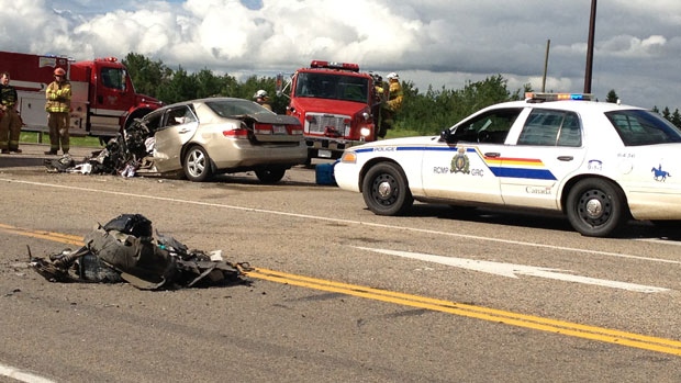 Emergency crews on the scene of a fatal crash on Hwy 21 near Delburne, Alta on Tuesday, June 19.