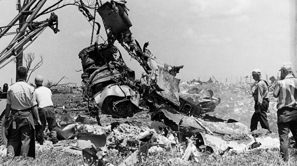 Investigators survey the damage of Air Canada flight 621 that crashed at Toronto's Pearson International Airport on July 5, 1970, killing 109 passengers. (THE CANADIAN PRESS) 