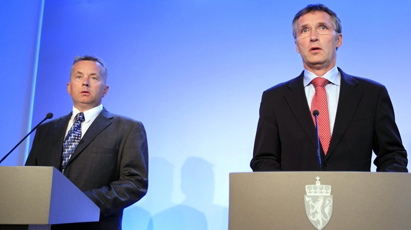 Norway's Prime Minister Jens Stoltenberg, right, and Minister of Justice Knut Storberget, attend a press conference in Oslo, Thursday, July 8, 2010. (Gorm Kallestad / Scanpix)