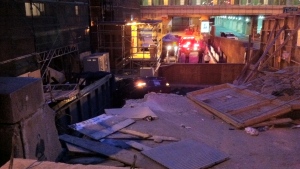 Police investigate after a BMW sedan crashed into a construction zone outside Union Station on Tuesday, June 26, 2012. (CTV News / Tom Stefanac)