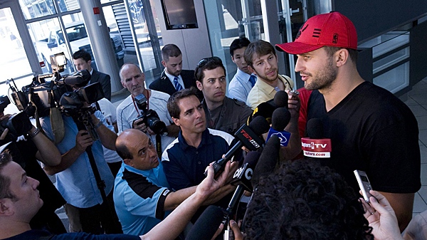 Free agent Linas Kleiza addresses the media as the Toronto Raptors extended him an offer in Toronto on Thursday, July 8, 2010. (THE CANADIAN PRESS/Adrien Veczan)