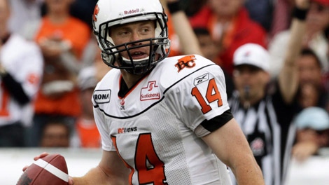 B.C. Lions' quarterback Travis Lulay celebrates after rushing for a touchdown against the Edmonton Eskimos during second half pre-season CFL action in Vancouver, B.C., on Sunday June 20, 2010. THE CANADIAN PRESS/Darryl Dyck