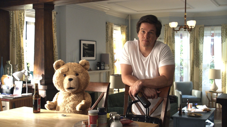 Mark Wahlberg, right, with the character Ted, voiced by Seth MacFarlane