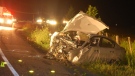 The front end of this vehicle is destroyed after a head-on crash with a bus, Sunday, July 11, 2010. Photo courtesy: MRC des Collines