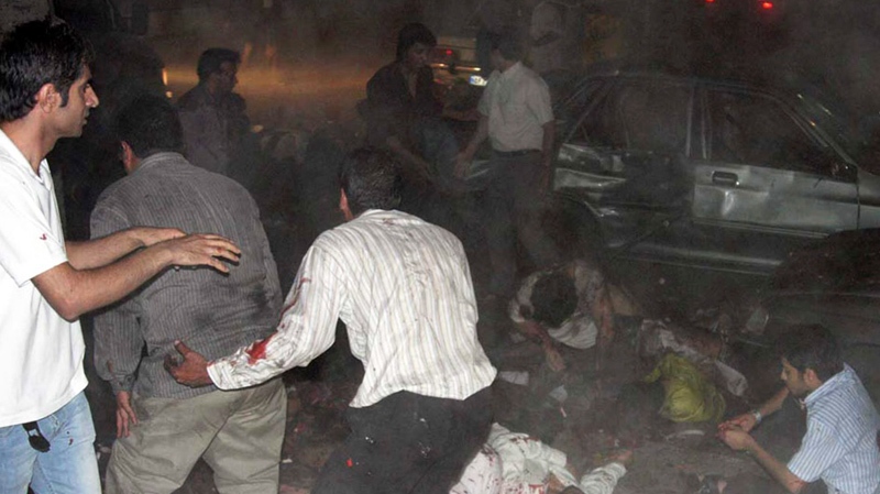 This picture released by the Iran's official IRNA news agency shows the scene of the bomb blast in the city of Zahedan, 1570 kilometres southeast of the capital Tehran, Iran, Thursday, July 15, 2010. (AP / Islamic Republic News Agency, IRNA)
