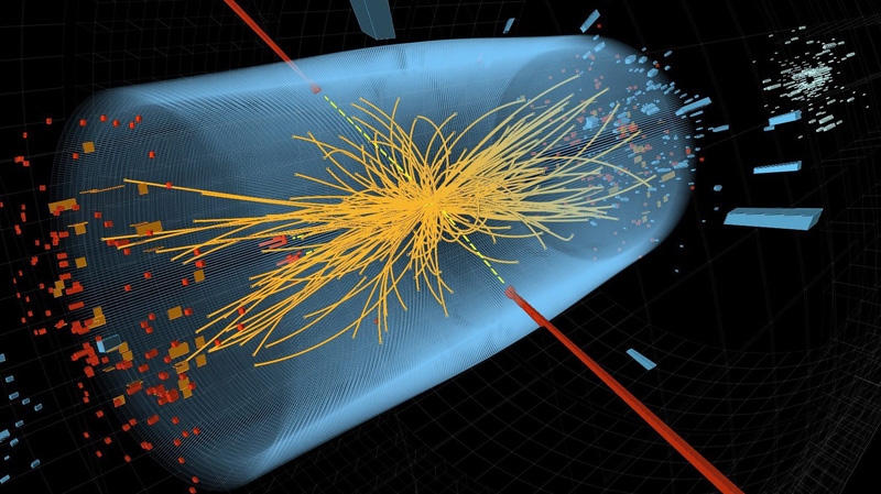 This CERN image depicts the collision of two high-energy photons in an electromagnetic calorimeter.