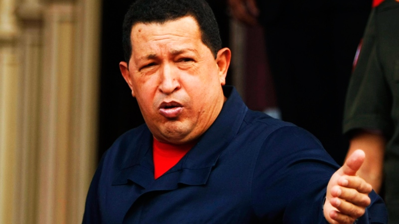 Venezuela's President Hugo Chavez speaks to the media at Miraflores presidential palace in Caracas, Venezuela, Thursday July 22, 2010.  (AP / Fernando Llano)