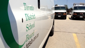 TDSB service vans and trucks sit idle in a parking lot on Wednesday, July 11, 2012. (Corey Baird/CTV Toronto)