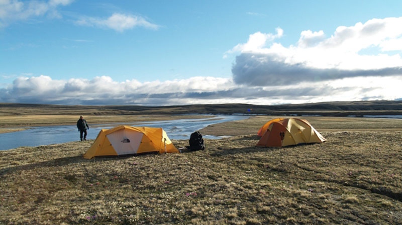 The Parks Canada base camp is seen in this image. Once in the Park, there are no amenities whatsoever, so all necessary supplies must be brought to setup camp, and complete removal upon departure must be ensured in order to leave virtually no trace of anybody having been there. (Courtesy of Parks Canada)