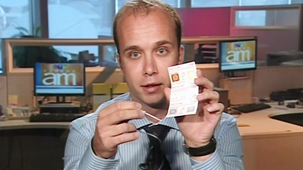 Pharmacist Maciek Zarzycki demonstrates the date rape drug detection card on Canada AM from CTV's studios in Montreal, Monday, July 26, 2010.