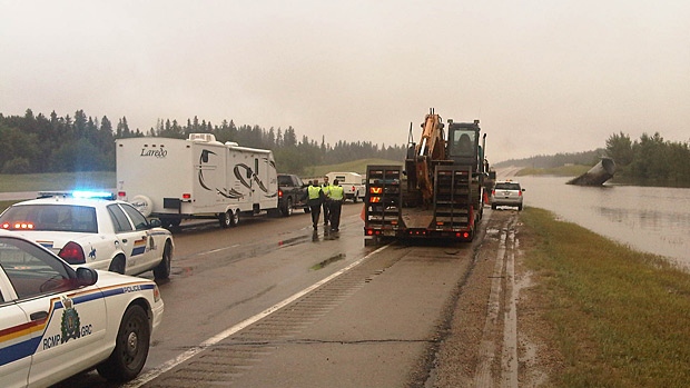 Disloged culvert causing traffic delays on Highway 16 between Stony Plain and Spruce Grove.