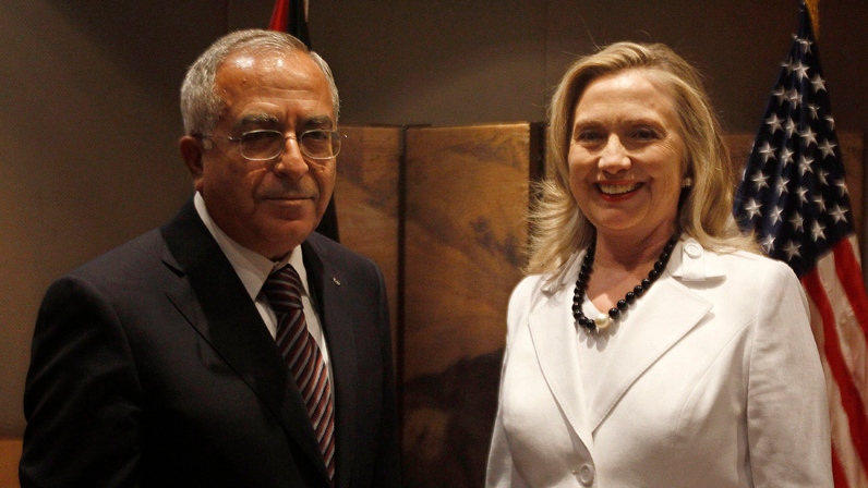 Palestinian Prime Minister Salam Fayyad, left, and U.S. Secretary of State Hillary Rodham Clinton