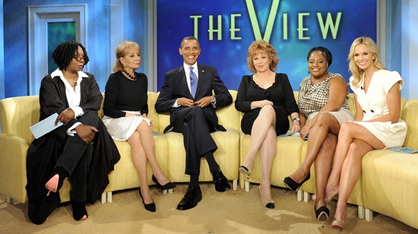 In this publicity image released by U.S. broadcast television network ABC, U.S. President Barack Obama, joins the co-hosts, from left, Whoopi Goldberg, Barbara Walters, Joy Behar, Sherri Shepherd and Elisabeth Hasselbeck on the set of the 'The View,' Wednesday, July 28, 2010 in New York. The segment aired on Thursday.