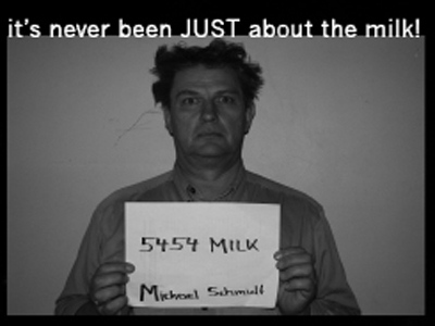 A promotional image for 'Milk Trial by Jury,' a comedic operetta detailing the trial of raw milk activist Michael Schmidt.