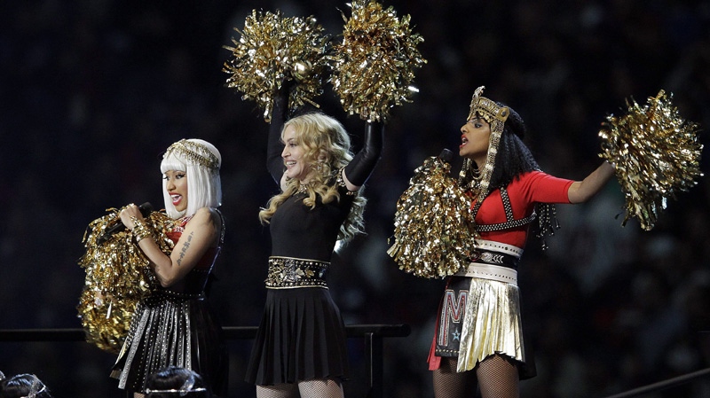 Madonna, centre, with Nicki Minaj, left, and M.I.A. during the 2012 Super Bowl halftime show.
