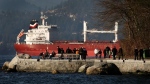 People walk along the Stanley Park Seawall as a cargo ship waiting to enter port sits anchored at the mouth of Burrard Inlet in Vancouver, B.C. (CP/Darryl Dyck)
