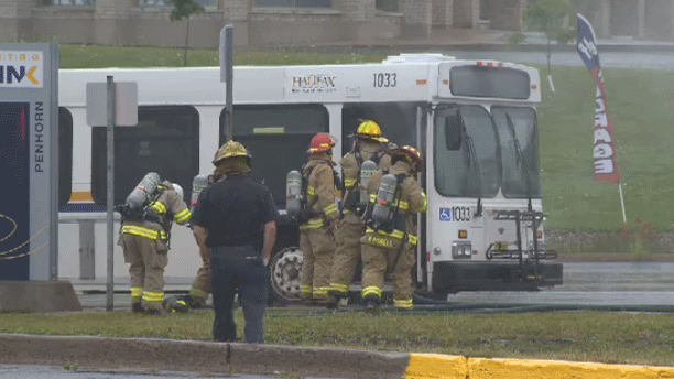 Fire crews extinguish a fire on Metro Transit bus in Dartmouth, N.S. 