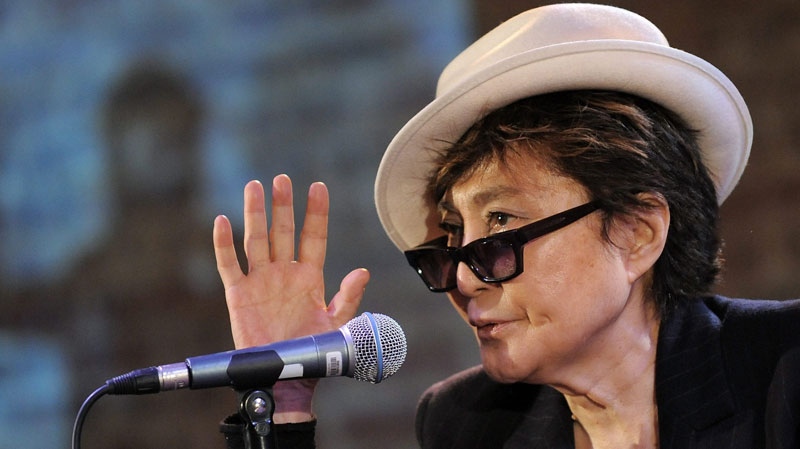 Yoko Ono is shown here in a file photo from a May 11, 2009 press conference for a John Lennon exhibit at the Rock & Roll Hall of Fame Annex NYC. (AP Photo / Evan Agostini) 