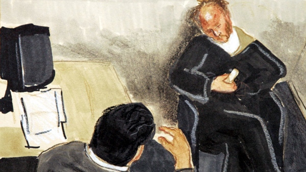 An artist's drawing shows Robert Pickton in a video being interviewed after his arrest in February 2002. He sits slumped down in his chair as he is interviewed wby Staff Sgt. Bill Fordy. (Felicity Don / THE CANADIAN PRESS)