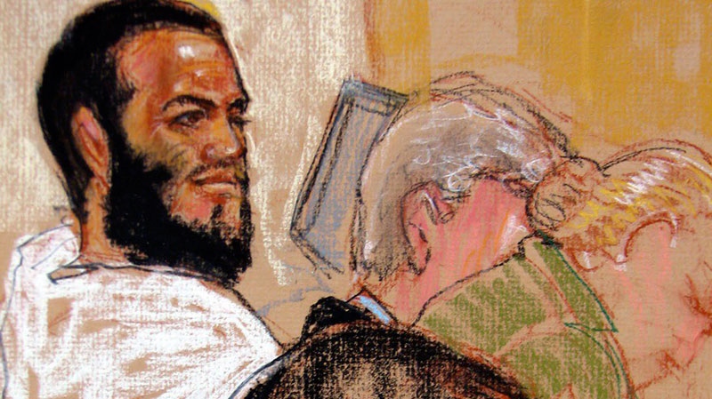 In this photo of a sketch by courtroom artist Janet Hamlin and reviewed by a U.S. Department of Defense official, Canadian defendant Omar Khadr, top left, attends his pretrial hearing in the courthouse for the U.S. military war crimes commission at the Camp Justice compound on Guantanamo Bay U.S. Naval Base in Cuba, Monday, Aug. 9, 2010. (AP / Janet Hamlin)