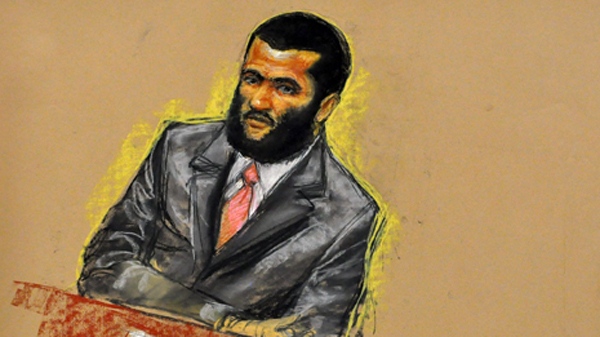 In this photo of a sketch by courtroom artist Janet Hamlin and reviewed by a U.S. Department of Defense official, Canadian detainee Omar Khadr attends jury selection at his war crimes trial Tuesday, Aug. 10, 2010. (Janet Hamlin for CTV)