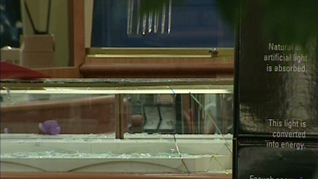 A smashed jewelry case is seen in Stratford, Ont. on Tuesday, July 31, 2012.