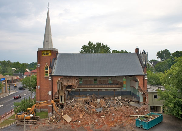 A giant hole is seen in the side of the former Methodist Episcopal Church in Picton, Ont. Photo courtesy: Steven Draper