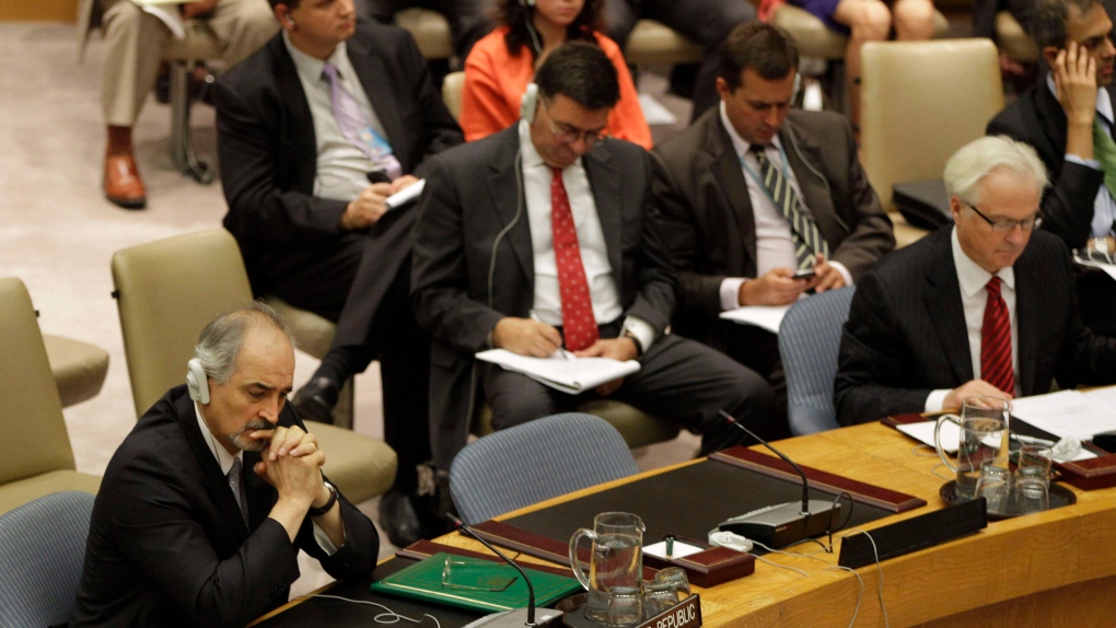 Syria's U.N. Ambassador Bashar Ja'afari, far left, and Russia's U.N. Ambassador Vitaly Churkin, far 