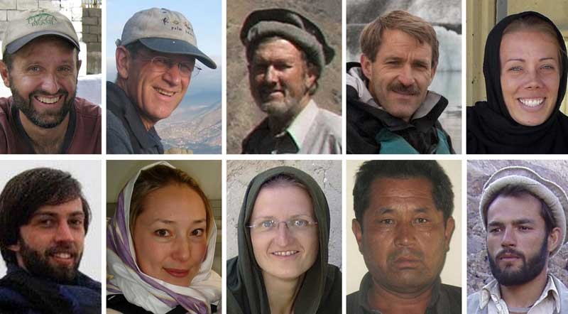 In this combination of photos from various family and organizational sources, the ten civilian volunteers who were killed in Afghanistan on Thursday, Aug, 5, 2010, are shown. From top left, Glen D. Lapp, Tom Little, Dan Terry, Thomas Grams, Cheryl Beckett, Brian Carderelli, Karen Woo, Daniela Beyer, Mahram Ali, and Jawed.(AP Photo)