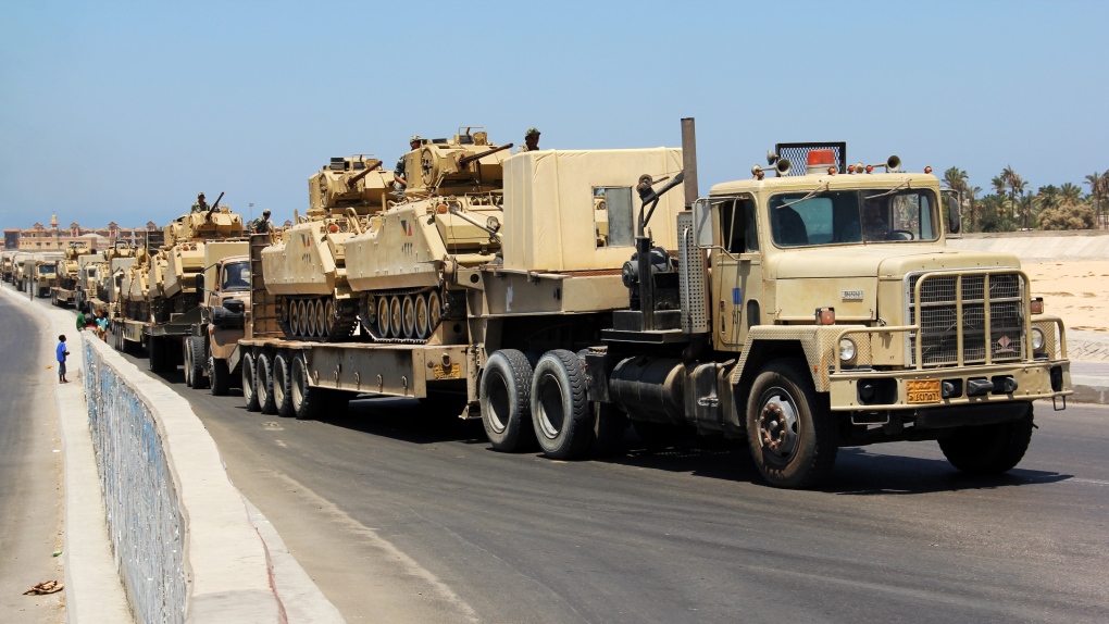 Egyptian military tanks in Egypt's northern Sinai Peninsula