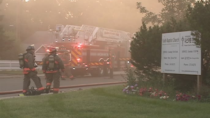 Saskatoon firefighters at the scene of a fire at Faith Baptist Church at Munroe Avenue and Third St.