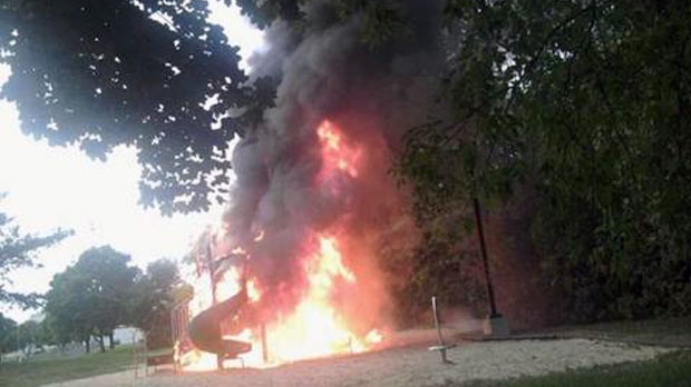 A fire engulfs a play structure at Aydelu Park in Aylmer  (Photo courtesy of Nadine Emond)