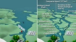 The Douglas Channel as seen in an Enbridge ad, left, and a comparison image created by graphic designer Lori Waters. (Facebook)