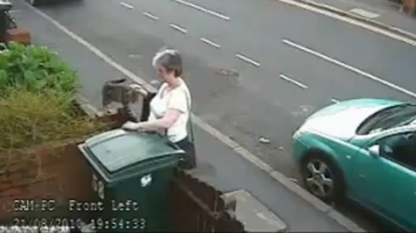 In this image taken from YouTube video, a woman is seen petting a cat moments before tossing it into a garbage bin.