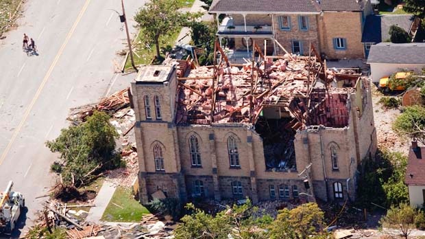 A church in Goderich, Ont., sits in ruins Monday, Aug. 22, 2011, after a tornado ripped through the town a day earlier, killing one person. (The Canadian Press/Geoff Robins)