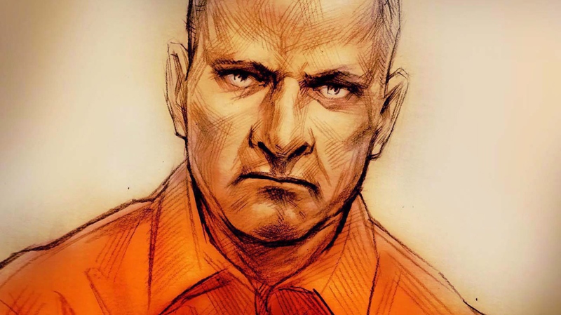 In this courtroom sketch, Col. Russell Williams appears on Feb. 18, 2010. (Alex Tavshunsky / THE CANADIAN PRESS)  