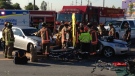 Emergency crews respond to a four-vehicle crash that trapped one driver inside his car in northeast Toronto on Wednesday, Aug. 22, 2012. (Byron Auburn / CTV Toronto) 