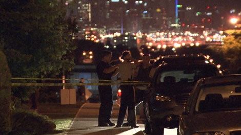 Police respond to reports of shots fired in the 3700-block of Oxford St. in Burnaby around 2 a.m. on Aug. 26, 2010. (CTV)