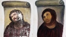 This combination of two undated handout photos made available by the Centro de estudios Borjanos shows the 20th century Ecce Homo-style fresco of Christ before (left) and after (right) an elderly amateur artist Celia Gimenez, 80, took it upon herself to restore it in the church of the northern Spanish agricultural town of Borja. 