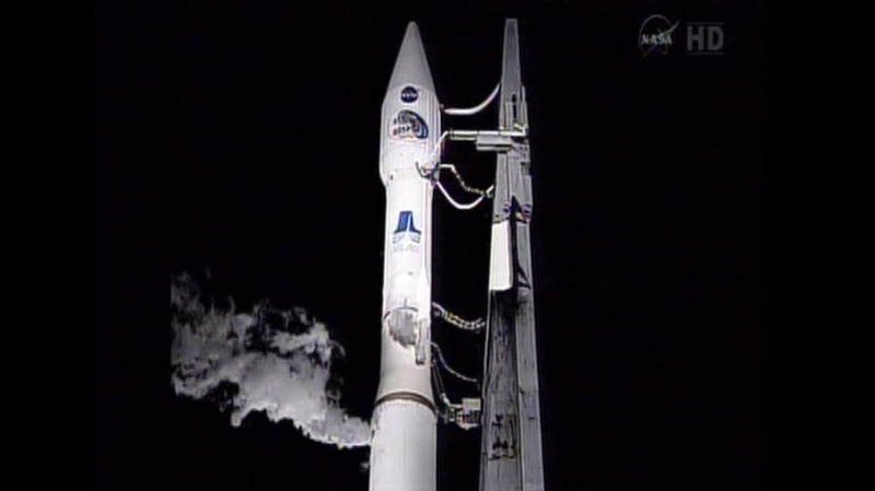 Atlas V first stage and Centaur upper stage at Cape Canaveral on Aug. 25, 2012.