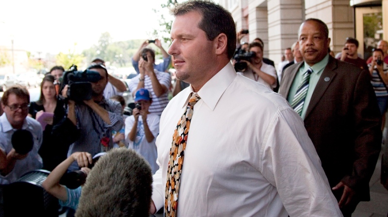 Seven-time Cy Young winner, baseball pitcher Roger Clemens leaves the federal court in Washington, Monday, Aug. 30, 2010. (AP / Evan Vucci)