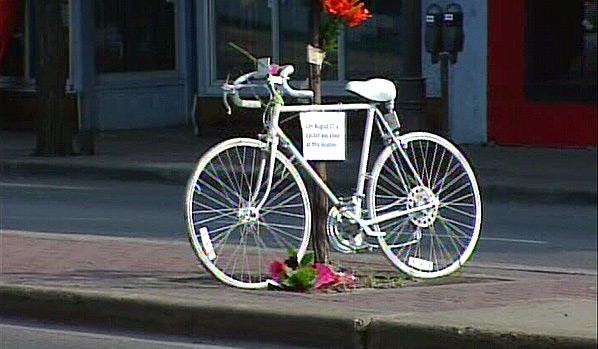 A 'ghost bike' was placed near to where a 21-year-old male cyclist was struck and killed by a concrete mixer truck on Monday, August 27.